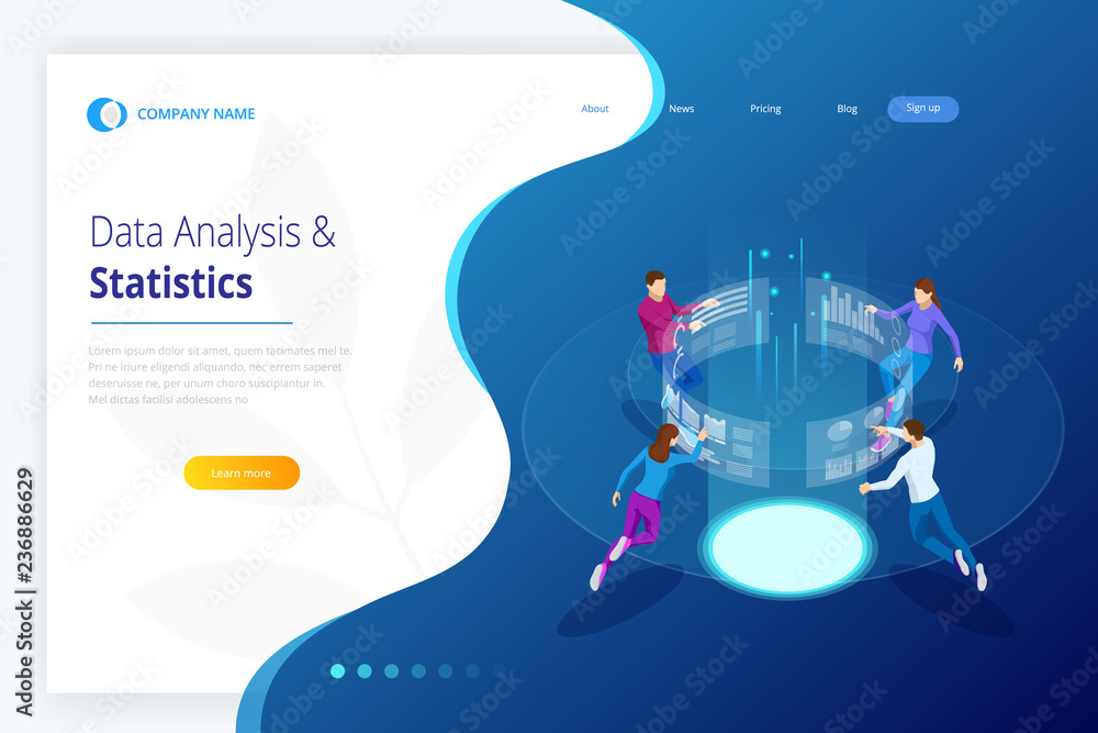 Poster data analysis and statistics. isometric business data analytics process management or intelligence d
