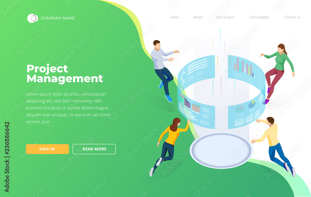 Poster project management. isometric business data analytics process management or intelligence dashboard o