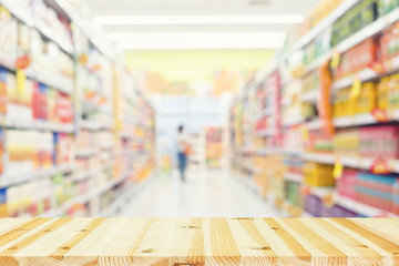 Fototapeta premium Supermarket or retail store blur background. That is a self-service shop offer grocery and variety of food, beverage and household product on shelf or rack. For shopping background or product display.