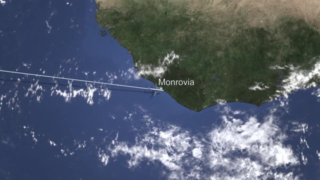 Commercial airplane flying to Monrovia, Liberia. Intro 3D animation 