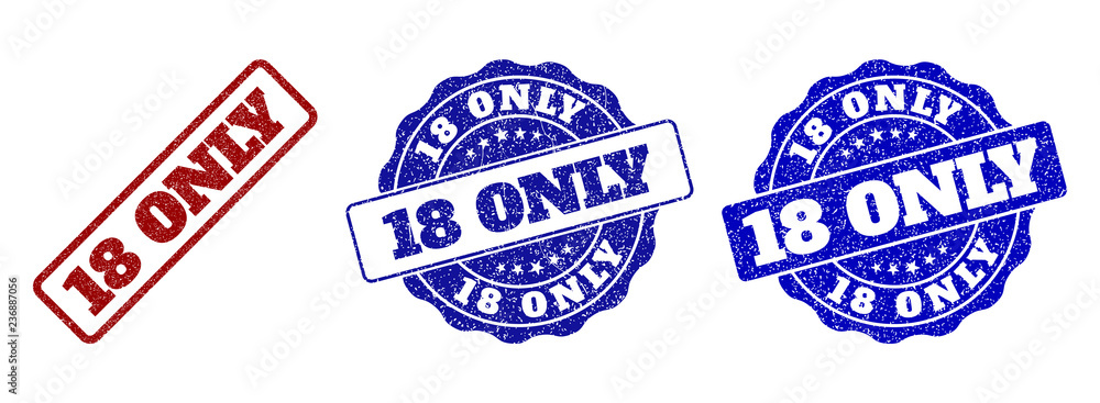 Poster 18 only grunge stamp seals in red and blue colors. vector 18 only labels with grunge texture. graphi