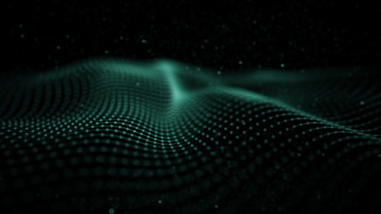 Wave with connecting dots and lines on dark background. Wave of dots lines and triangles.