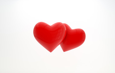 Red glossy shiny hearts shape on white background with reflection effect. Saint Valentine's day greeting card February 14 design element. Love, wedding marriage ceremony celebration concept.