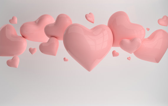 Pink glossy shiny hearts on white background with reflection effect. Saint Valentine's day greeting card February 14 design element. Love, wedding marriage ceremony celebration concept. 3d render