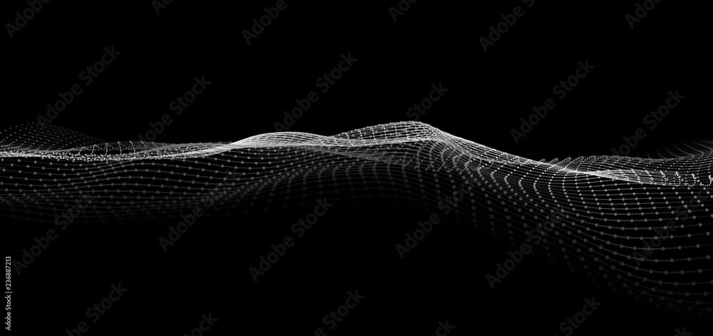 Poster Wave of particles. Abstract background with a dynamic wave. Big data. Vector illustration.
