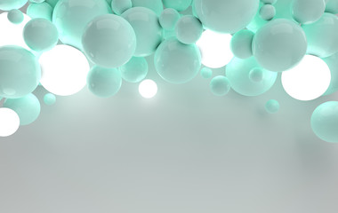 3d rendering of floating polished spheres, ceiling lighting on white background. Abstract geometric composition. Group of balls in pastel colors with soft light and shadows