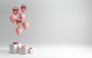 3d render illustration of realistic glossy pink and rose gold balloons and white gift box with ribbon bow on pastel pink background.  © Meranna