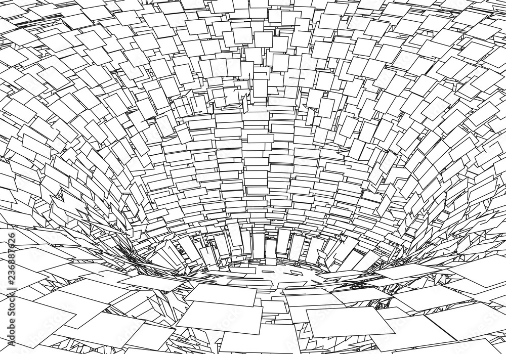 Poster tunnel or wormhole. digital 3d wireframe tunnel. 3d tunnel grid. network cyber technology. surrealis