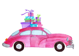 Vintage watercolor car with gifts