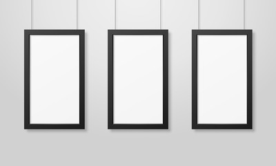 Three Vector Realistic Modern Interior Black Blank Wooden Poster Picture Frame Set Hanging on the Ropes on White Wall Mock-up. Empty Poster Frames Design Template for Mockup, Presentation