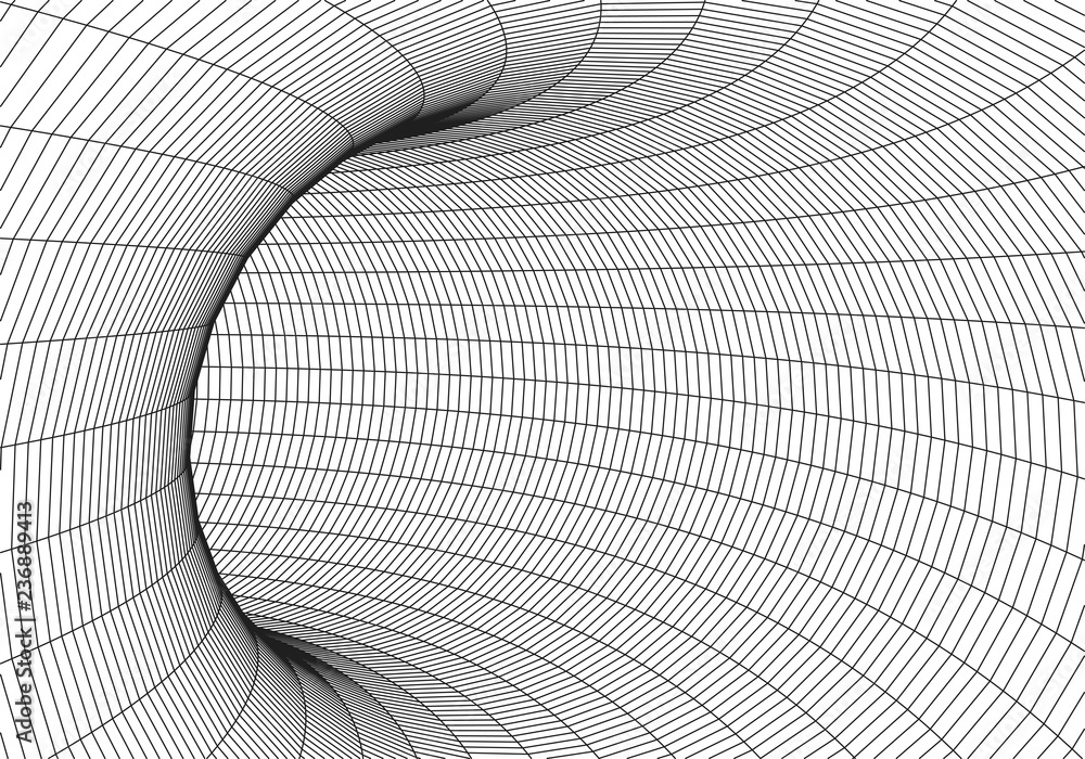 Poster tunnel or wormhole. digital 3d wireframe tunnel. 3d tunnel grid. network cyber technology. surrealis