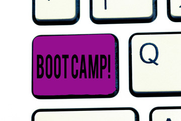 Conceptual hand writing showing Boot Camp. Business photo text Military training camp for new...