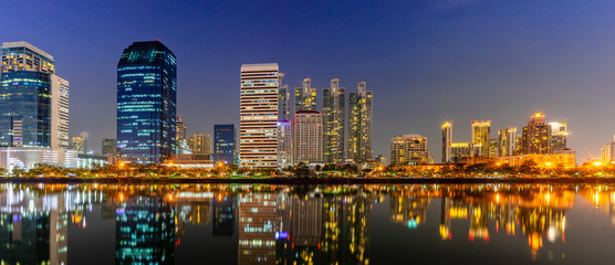 Panorama building city night scene in Bangkok, Thailand.