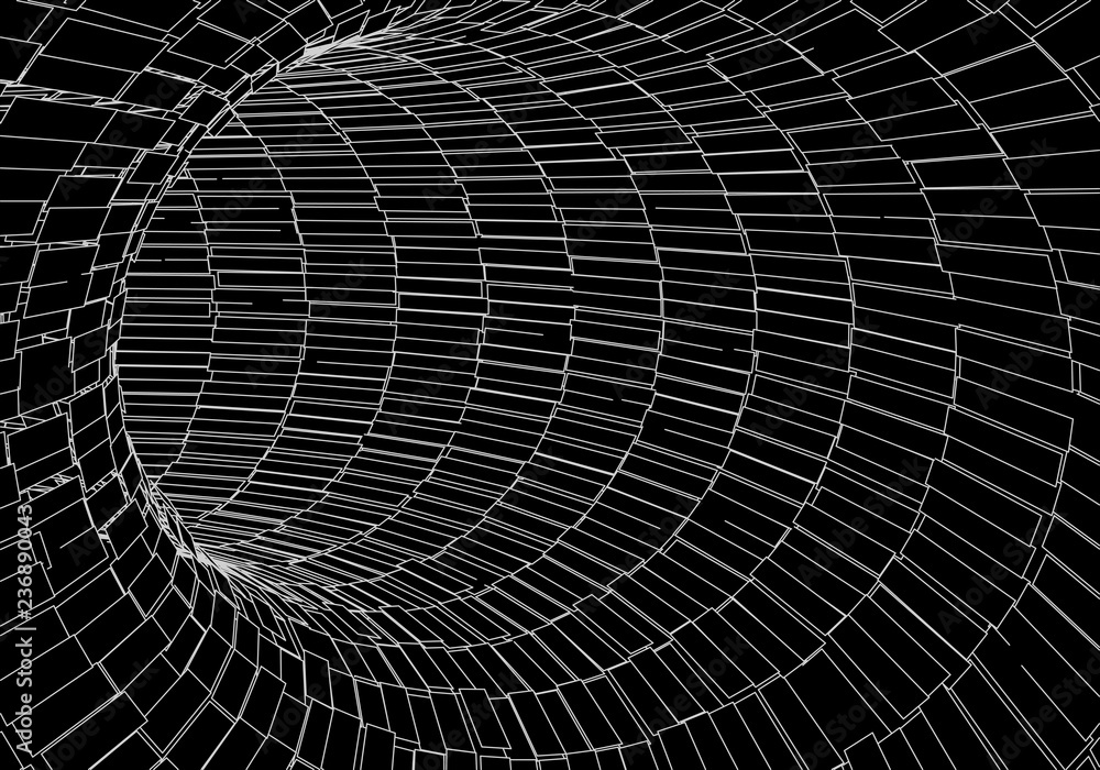 Poster tunnel or wormhole. digital 3d wireframe tunnel. 3d tunnel grid. network cyber technology. surrealis