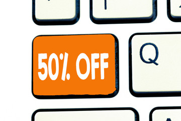 Word writing text 50 Off. Business concept for Discount of fifty percent over regular price Promotion Sale Clearance.