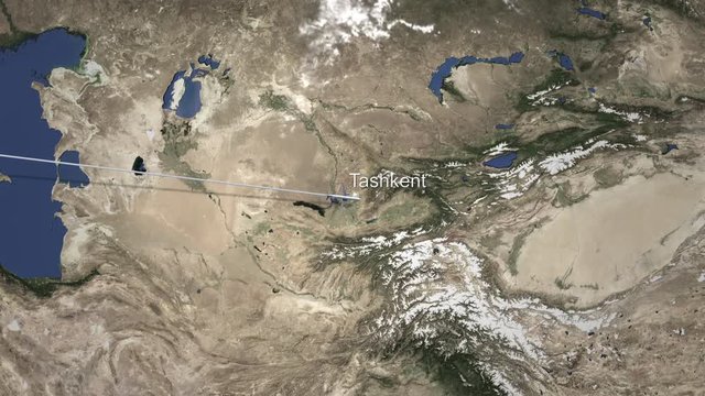 Commercial airplane flying to Tashkent, Uzbekistan. Intro 3D animation 