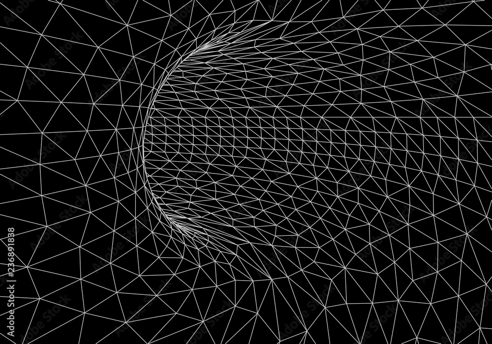 Poster tunnel or wormhole. digital 3d wireframe tunnel. 3d tunnel grid. network cyber technology. surrealis