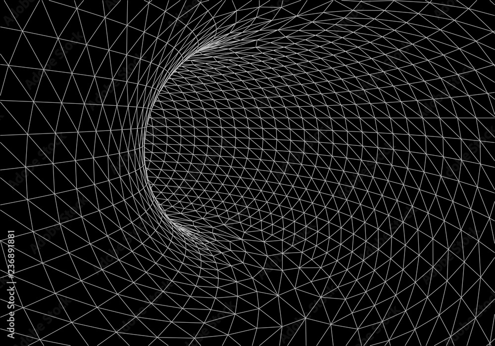 Poster tunnel or wormhole. digital 3d wireframe tunnel. 3d tunnel grid. network cyber technology. surrealis