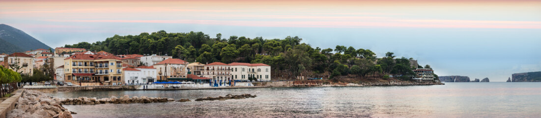 Panoramic view of the waterfront of Pylos at sunset, Greece.