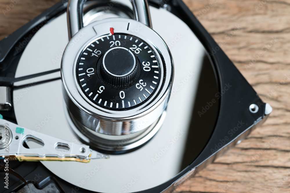 Poster digital cyber safety or security encryption concept, combination lock pad with code numbers on compu