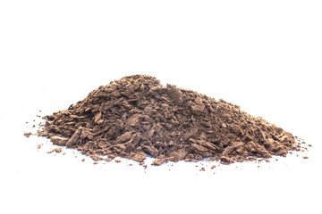 brown earth on white background. natural soil texture. Pile heap of soil humus isolated on white background
