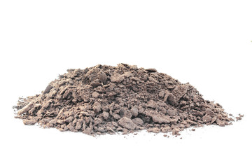 brown earth on white background. natural soil texture. Pile heap of soil humus isolated on white background