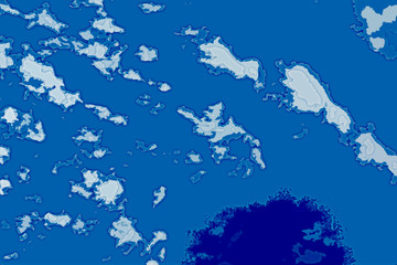Fototapeta na wymiar White and blue background texture. Abstract map with north shoreline, sea, ocean, ice, mountains, clouds. View from height of the bird's flight. The surface of fantasy planet.