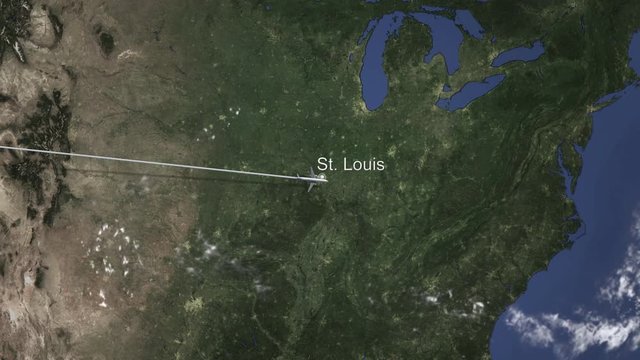 Plane arriving to St. Louis, United States from west, intro 3D animation