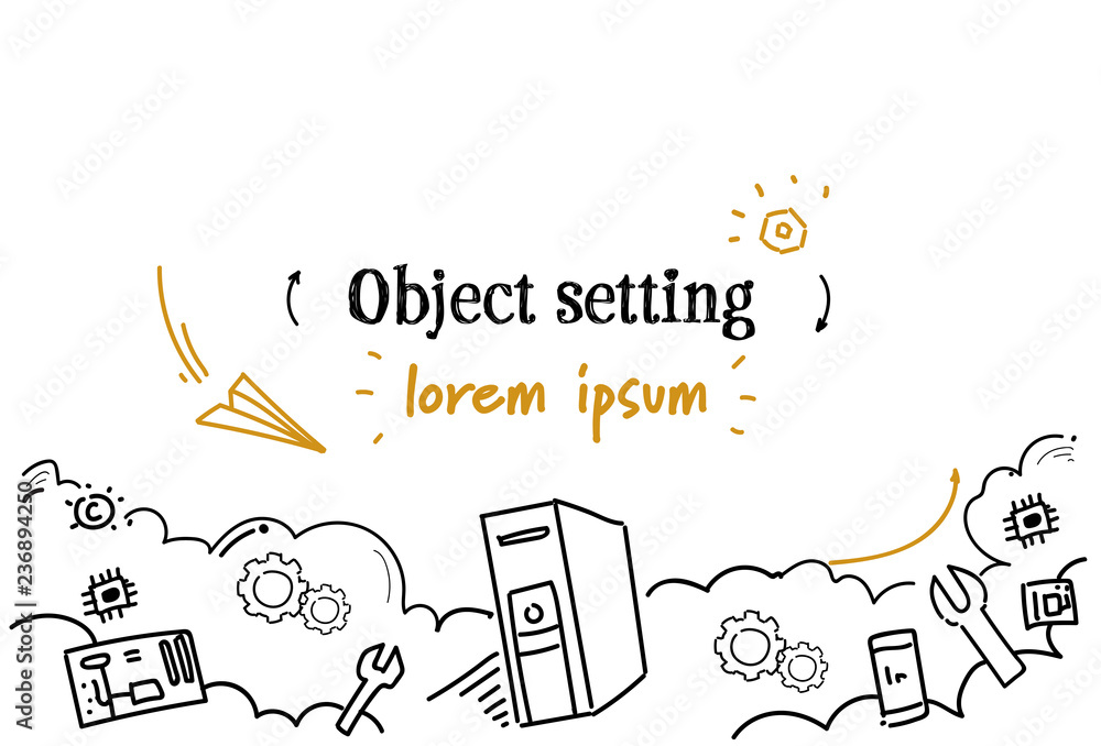 Poster computer technical service object setting concept sketch doodle horizontal isolated copy space vecto