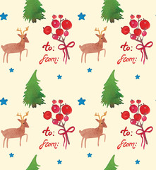 Obraz na płótnie Canvas Christmas Watercolor beautiful seamless pattern with deer, berries, stars and fir tree. Happy New Year decor. Holidays decorative prints for textile, paper, cards etc. From copy, to copy.