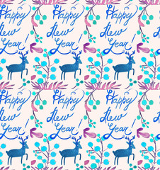 Christmas Watercolor beautiful seamless pattern with deer, copy, and berries. Happy New Year copy. Holidays decorative prints for textile, paper, cards etc.