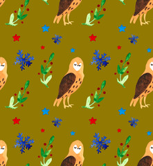 Christmas Watercolor beautiful seamless pattern with owls, snowflakes, and brunch with decor. Holidays decorative prints for textile, paper, cards etc.