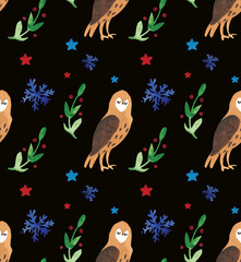 Christmas Watercolor beautiful seamless pattern with owls, snowflakes, and brunch with decor. Holidays decorative prints for textile, paper, cards etc.