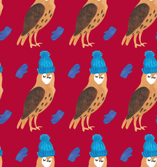 Christmas Watercolor beautiful seamless pattern with owls, mittens, and hats. Holidays decorative prints for textile, paper, cards etc. Cute owl in hat.