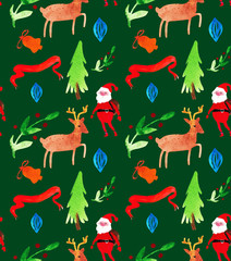 Christmas Watercolor beautiful seamless pattern with wreath, deer, ribbons, mittens and tree. Happy New Year decor. Holidays decorative prints for textile, paper, cards etc