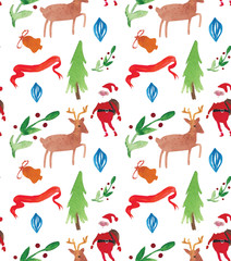 Christmas Watercolor beautiful seamless pattern with wreath, deer, ribbons, mittens and tree. Happy New Year decor. Holidays decorative prints for textile, paper, cards etc