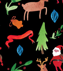 Christmas Watercolor beautiful seamless pattern with wreath, deer, ribbons, mittens and tree. Happy New Year decor. Holidays decorative prints for textile, paper, cards etc