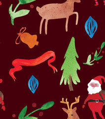 Christmas Watercolor beautiful seamless pattern with wreath, deer, ribbons, mittens and tree. Happy New Year decor. Holidays decorative prints for textile, paper, cards etc