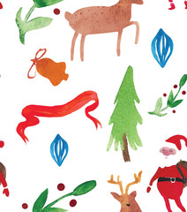 Christmas Watercolor beautiful seamless pattern with wreath, deer, ribbons, mittens and tree. Happy New Year decor. Holidays decorative prints for textile, paper, cards etc