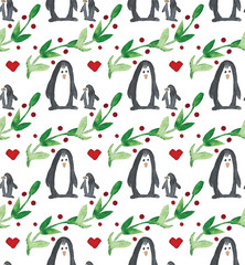Watercolor beautiful seamless pattern with penguins, hearts, berries and leafs. Celebrate decor. Holidays decorative prints for textile, paper, cards etc