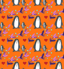 Watercolor beautiful seamless pattern with penguins, hearts, berries and leafs. Celebrate decor. Holidays decorative prints for textile, paper, cards etc