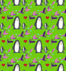 Watercolor beautiful seamless pattern with penguins, hearts, berries and leafs. Celebrate decor. Holidays decorative prints for textile, paper, cards etc