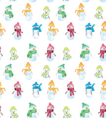 Christmas Watercolor beautiful seamless pattern with snowman. Happy New Year decor. Holidays decorative prints for textile, paper, cards etc