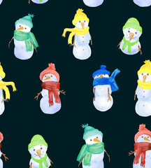 Christmas Watercolor beautiful seamless pattern with snowman. Happy New Year decor. Holidays decorative prints for textile, paper, cards etc
