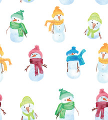 Christmas Watercolor beautiful seamless pattern with snowman. Happy New Year decor. Holidays decorative prints for textile, paper, cards etc