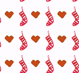 Christmas Watercolor beautiful seamless pattern with socks and hearts. Happy New Year decor. Holidays decorative prints for textile, paper, cards etc