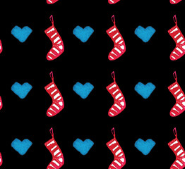 Christmas Watercolor beautiful seamless pattern with socks and hearts. Happy New Year decor. Holidays decorative prints for textile, paper, cards etc
