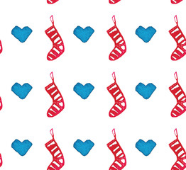 Christmas Watercolor beautiful seamless pattern with socks and hearts. Happy New Year decor. Holidays decorative prints for textile, paper, cards etc