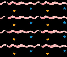 Watercolor beautiful seamless pattern with stars and pink ribbons. Holidays decorative prints for textile, paper, cards etc