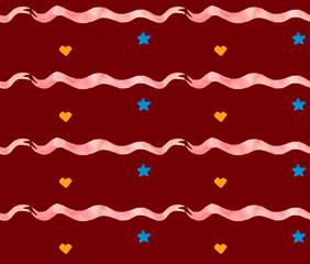 Watercolor beautiful seamless pattern with stars and pink ribbons. Holidays decorative prints for textile, paper, cards etc